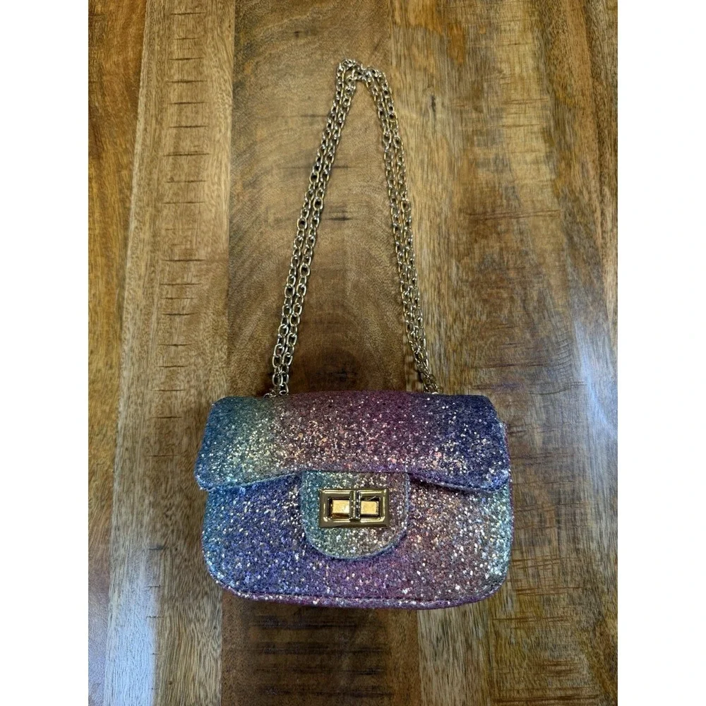 Girls Rainbow Glitter Mini Purse Gold Chain Crossbody Kids Sparkle Handbag